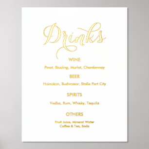 Impresión Metalizada Menú de barra de bebidas de boda oro blanco