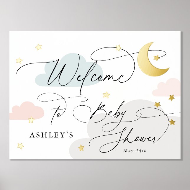 Impresión Metalizada Moon and Stars Clouds Bienvenidos a Baby Shower (Anverso)