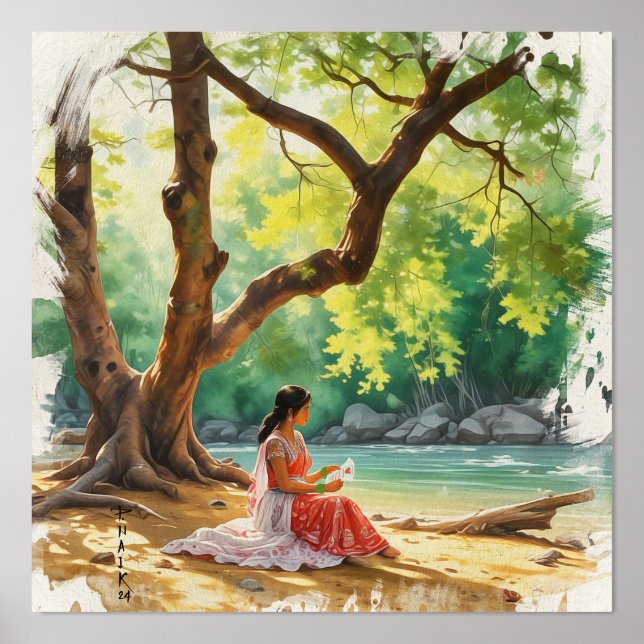 Impresión Metalizada Mujer de belleza natural en la orilla del río (Anverso)