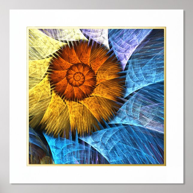 Impresión Metalizada Naranja floral Azul amarillo abstracto arte (Anverso)