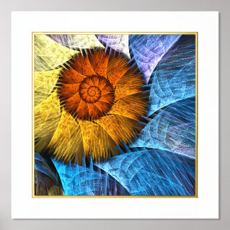 Impresión Metalizada Naranja floral Azul amarillo abstracto arte