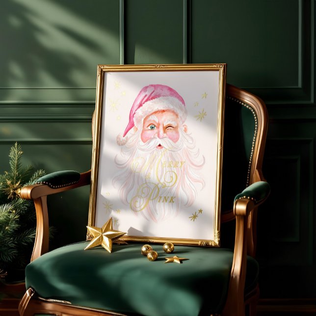 Impresión Metalizada Navidades clásicos merry y rosados Santa Rosa retr (Merry & Pink Classic Christmas Retro Pink Santa Foil Prints)