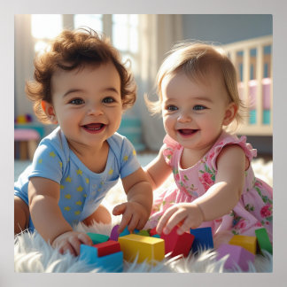 Impresión Metalizada Niño y Chica lindo jugando en una guardería con lu