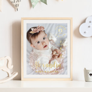 Impresión Metalizada Nombra Script Nacimiento Estadísticas Bebé Foto Ke