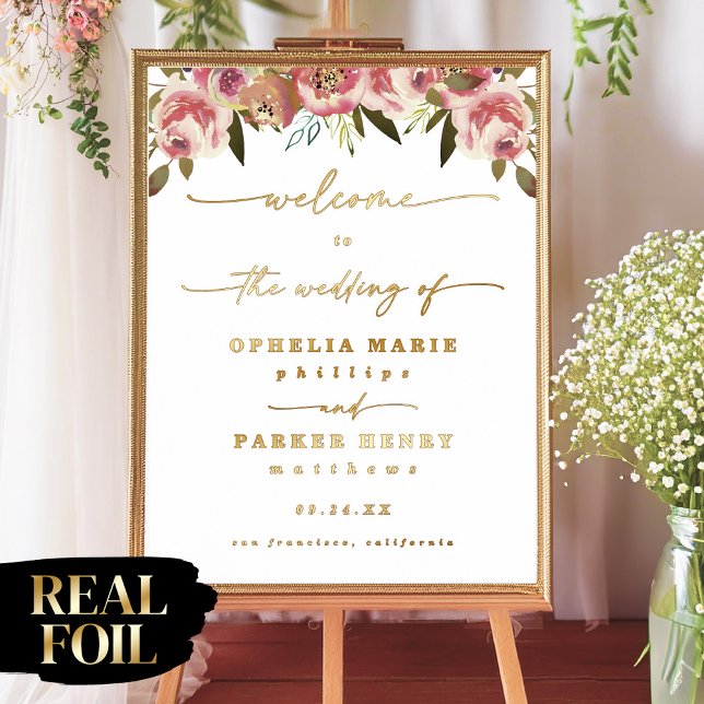 Impresión Metalizada Ophelia Elegante Boda Floral Bienvenida Real Gold (Say "I DO" to Romantic Watercolor Florals and a Cottagecore Vibe with the Ophelia Wedding Suite.)