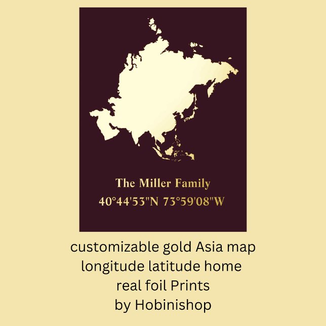 Impresión Metalizada oro sur de Asia longitud latitud real (customizable gold Asia map longitude latitude home 
real foil Prints
by Hobinishop)
