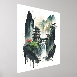 Impresión Metalizada Paisaje de tinta china antigua con cascada