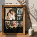 Impresión Metalizada Recién nacido de bienvenida con collage de fotos f<br><div class="desc">Elegante y moderno guión de caligrafía manuscrita de Relieve metalizado dorado de bienvenida con seis fotos de la familia personalizado de poster sólido negro keepsake. Personalízalo con el nombre y las estadísticas del recién nacido. Tenga en cuenta que el color de fondo es cambiable. Puede reemplazar el negro por cualquier...</div>
