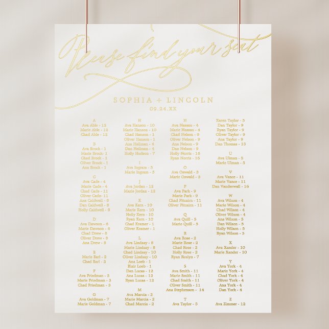 Impresión Metalizada Romántico Relieve metalizado dorado Elegante Cuadr (Romantic Gold Foil Elegant Wedding Seating Chart)