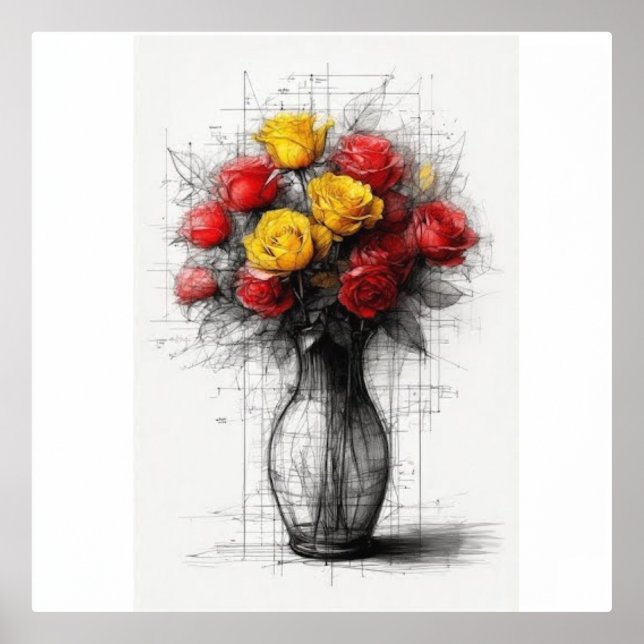 Impresión Metalizada Roses Rojas Y Amarillas Modernas En Una Vara (Anverso)