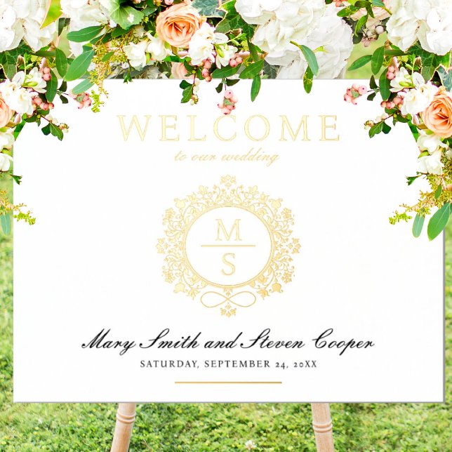 Impresión Metalizada Signo de bienvenida de Boda de monograma dorado (I wish you happiness!)
