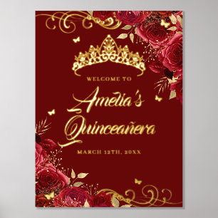 Impresión Metalizada Signo de bienvenida de Quinceanera floral roja