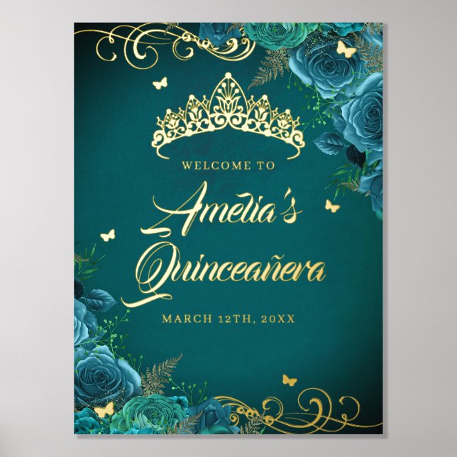 Impresión Metalizada Signo de bienvenida de Quinceanera verde azulada (Anverso)
