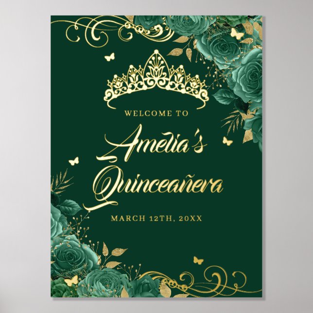 Impresión Metalizada Signo de bienvenida de Quinceanera verde floral Sw (Anverso)