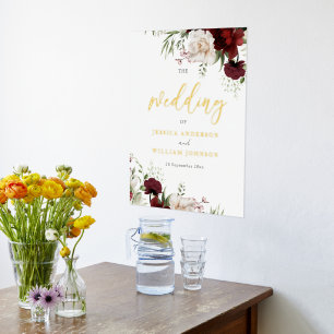 Impresión Metalizada Signo de bienvenida grande del Boda floral rojo de