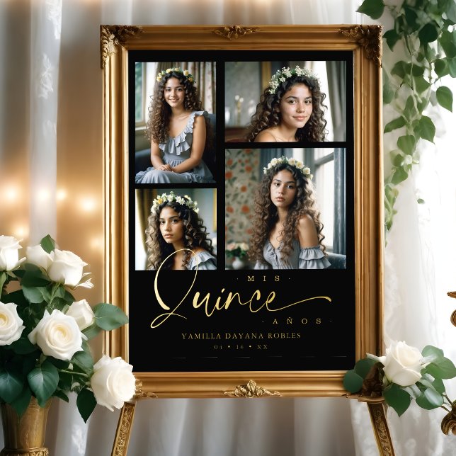 Impresión Metalizada Spanish Black Trendy Quinceañera Collage 4 Photos (Spanish Black Trendy Quinceañera Collage 4 Photos Foil Prints. )