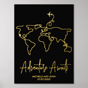 Impresión Metalizada World Map Line Art Travel Adventure Awath Couple