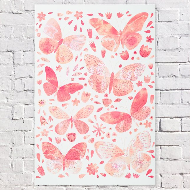 Impresión Metalizado rosa de color de agua de mari (Coral peach blush pink butterfly watercolor metal art print)