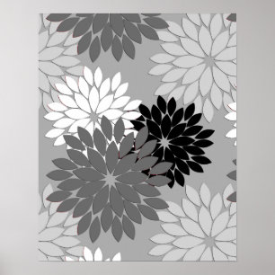 Impresión moderna de kimono floral, gris, negro y