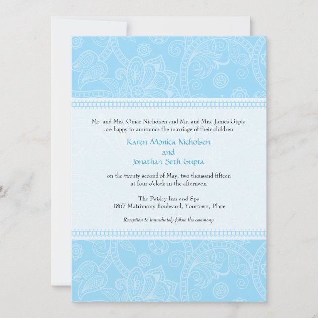 Impresión paisley en invitación a la boda azul (Anverso)