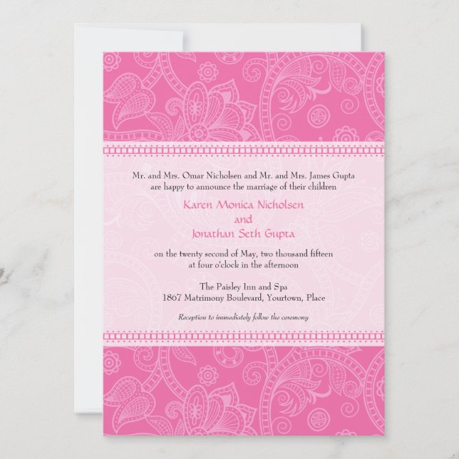 Impresión paisley en invitación a matrimonio rosa (Anverso)