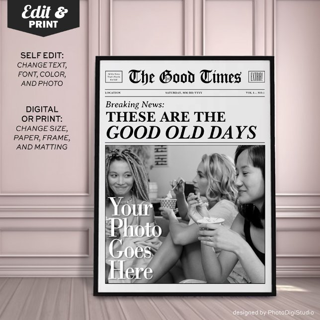 Impresión personalizada de un periódico 'Los bueno (Personalized Newspaper Print 'These are the good old days')