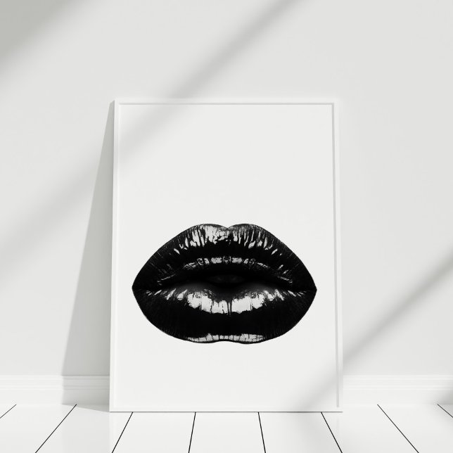 Impresión Poster moderna de labios negros (Black Lips Modern Poster Print in white frame.)