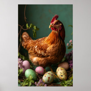 Impresión retro de gallina de Pascua, arte floral 