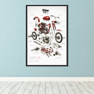 Impresión técnica explodida de motocicleta vintage
