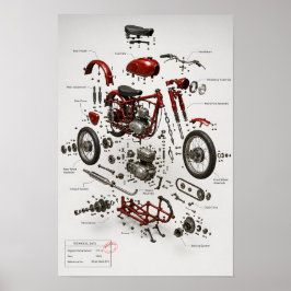 Impresión técnica explodida de motocicleta vintage