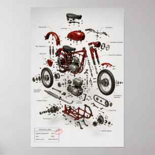 Impresión técnica explodida de motocicleta vintage