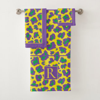 Impresión y monograma de leopardo morado, amarillo
