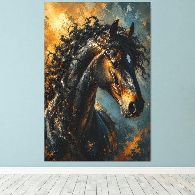 Impresionante lienzo abstracto de caballo negro co (Insitu (piso de madera))