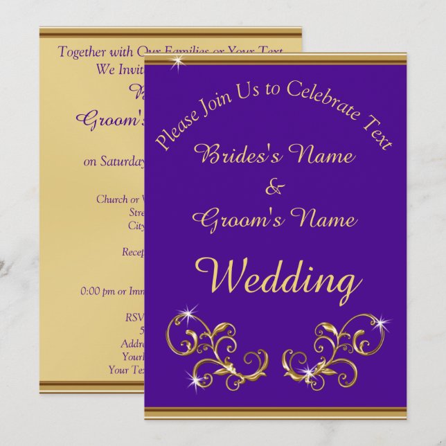 Impresionantes invitaciones a la boda real morada  (Anverso / Reverso)
