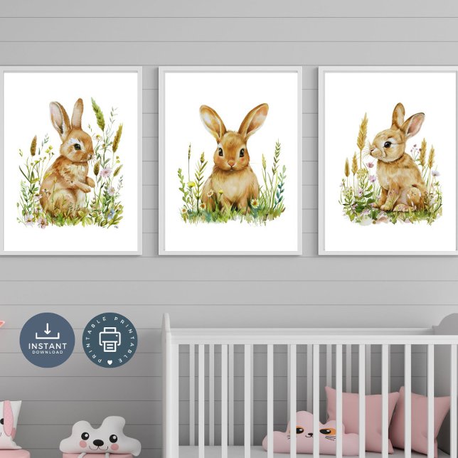 Impresiones de guardería conyugal, género acuarela (Baby Bunny Rabbit Nursery Set of 2 or 3 Poster Prints.  Gender Neutral for boys or girls)