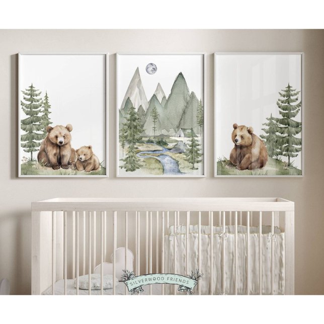 Impresiones de guardería de oso de Woodland - Conj (Our cute Set of 3 Baby Bear Nursery Prints are the perfect addition to your baby's woodland nursery )