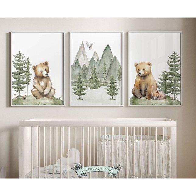 Impresiones de guardería de oso forestal - Conjunt (et of 3 Forest Bear Nursery Prints featuring watercolour bears surrounded by woodland forests)