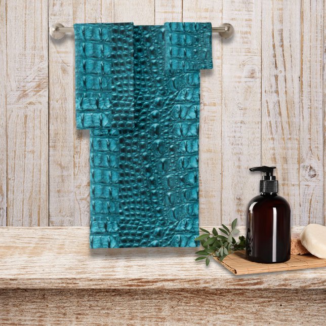 impresiones verde azuladas turquesa de moda sobre  (trendy teal turquoise aqua blue alligator print bath towel set)