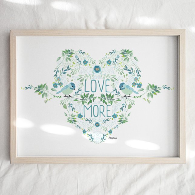 Imprimir arte de citas de aves (Birds Quote Art Print in blues and greens. Chickadees, heart, and flowers. Studio Posies.)