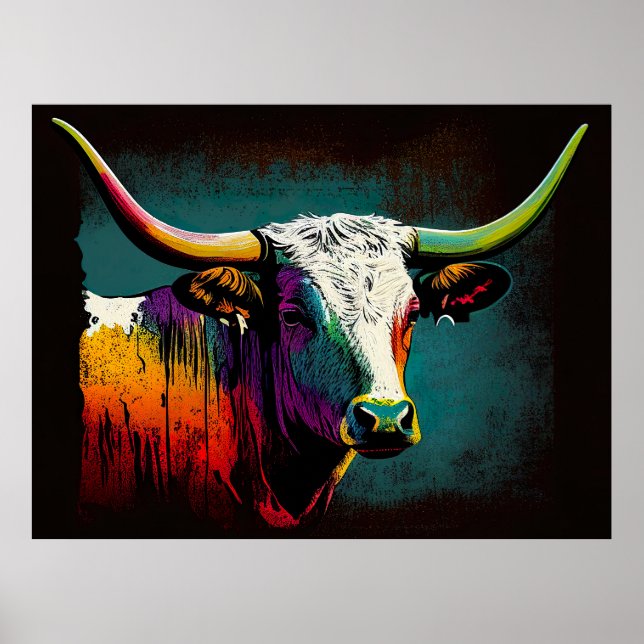 Imprimir arte pop de vaca longhorn en Texas (Frente)
