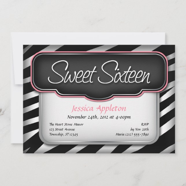 Imprimir cebra única "Sweet Sixteen" invitaciones (Anverso)