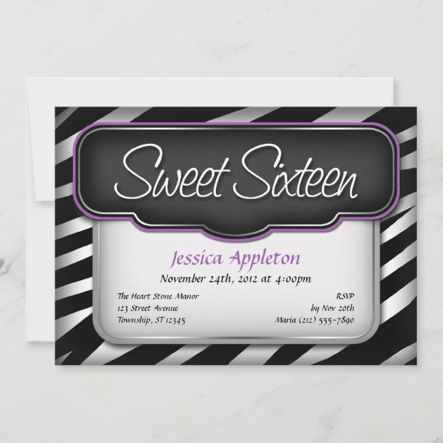 Imprimir cebra única "Sweet Sixteen" invitaciones (Anverso)