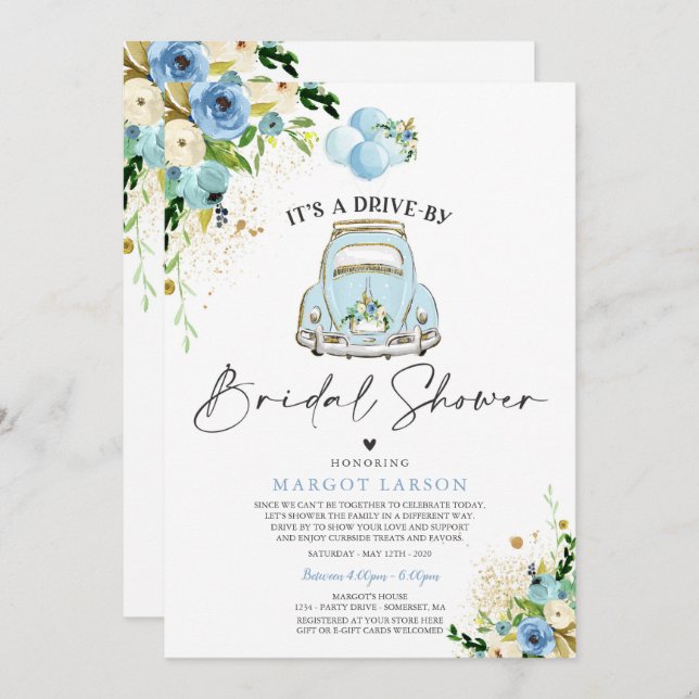 Impulso por Bridal Shower Invitación Floral Azul (Anverso / Reverso)