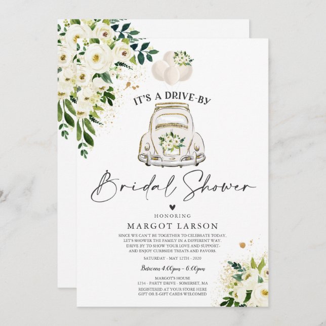 Impulso por Bridal Shower Invitación Floral Blanca (Anverso / Reverso)