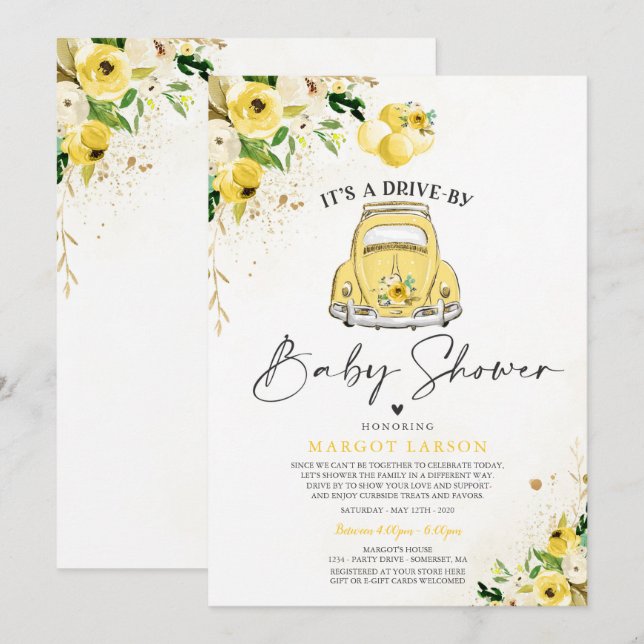 Impulso Por Invitación Baby Shower Floral Amarilla (Anverso / Reverso)