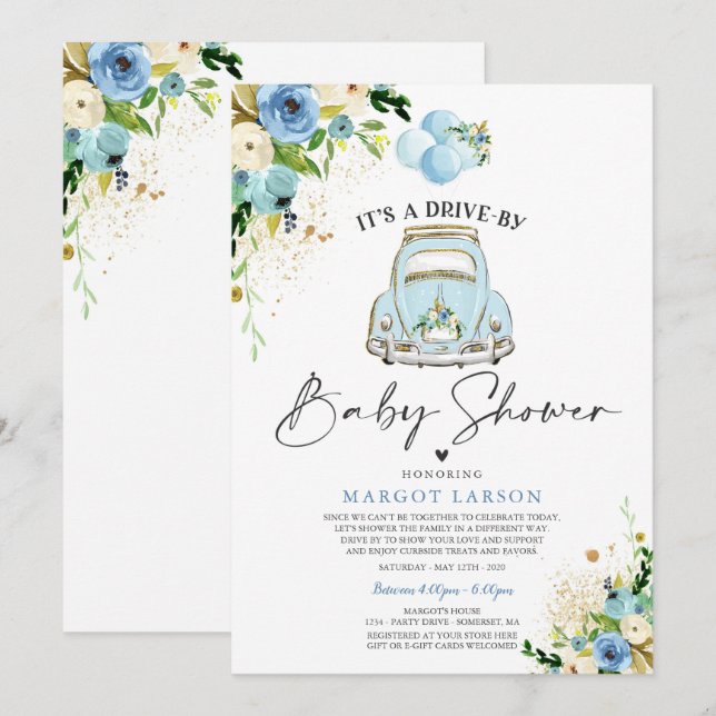 Impulso Por Invitación De Baby Shower Floral Azul  (Anverso / Reverso)