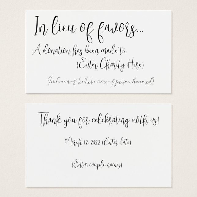 In lieu of favors donation card for wedding  (Anverso y reverso)