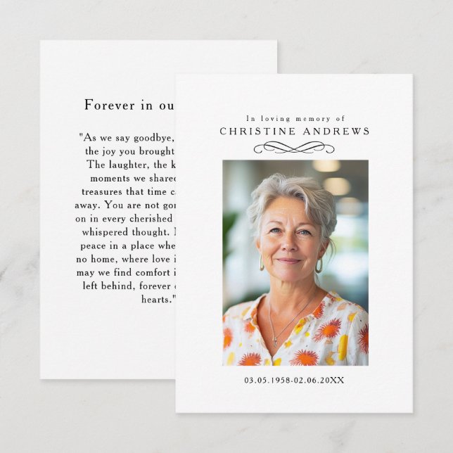 "In loving Memory" Elegant White Photo Prayer (Anverso / Reverso)