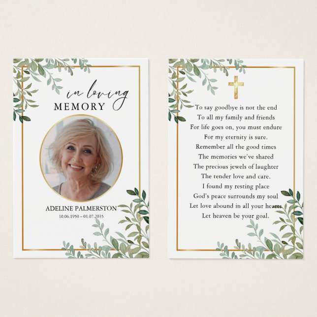 In loving Memory Floral Cross Funeral Prayer Cards (Anverso y reverso)