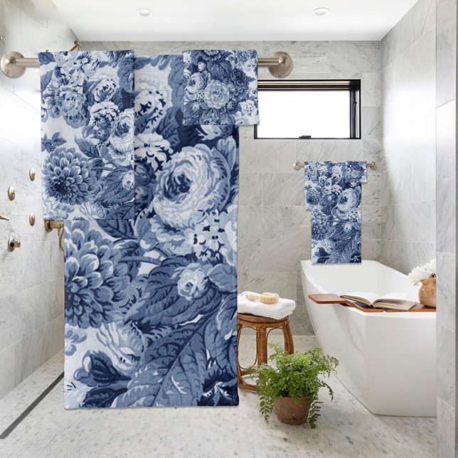Indigo azul Vintage Peony Dahlias Floral Toile (Subido por el creador)